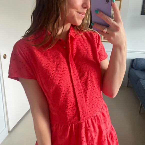 Diane von Furstenberg Collared Button up Eyelet Dress Coral Size 10 - Picture 2 of 9